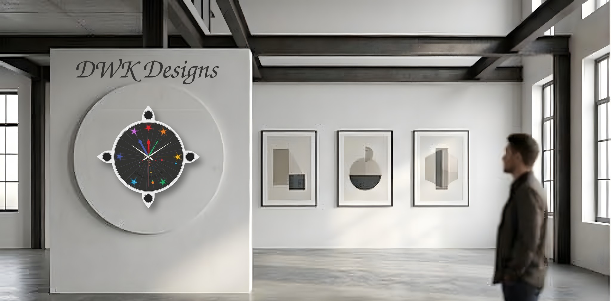 Die Wanduhr von World of Seven im Entwurf WOLFGANG: Loft mit Stellwand und Bilderreihe
