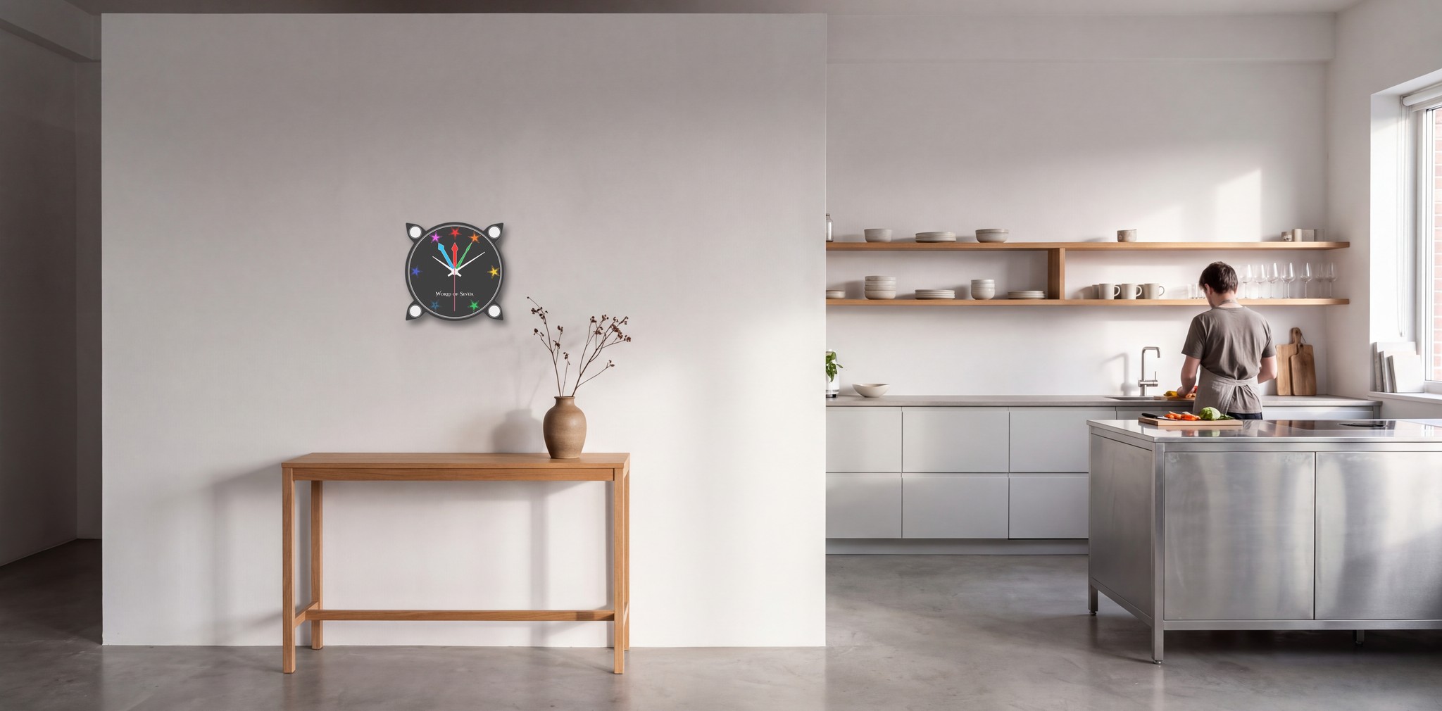 Die Wanduhr von World of Seven: offene Küche im Loft