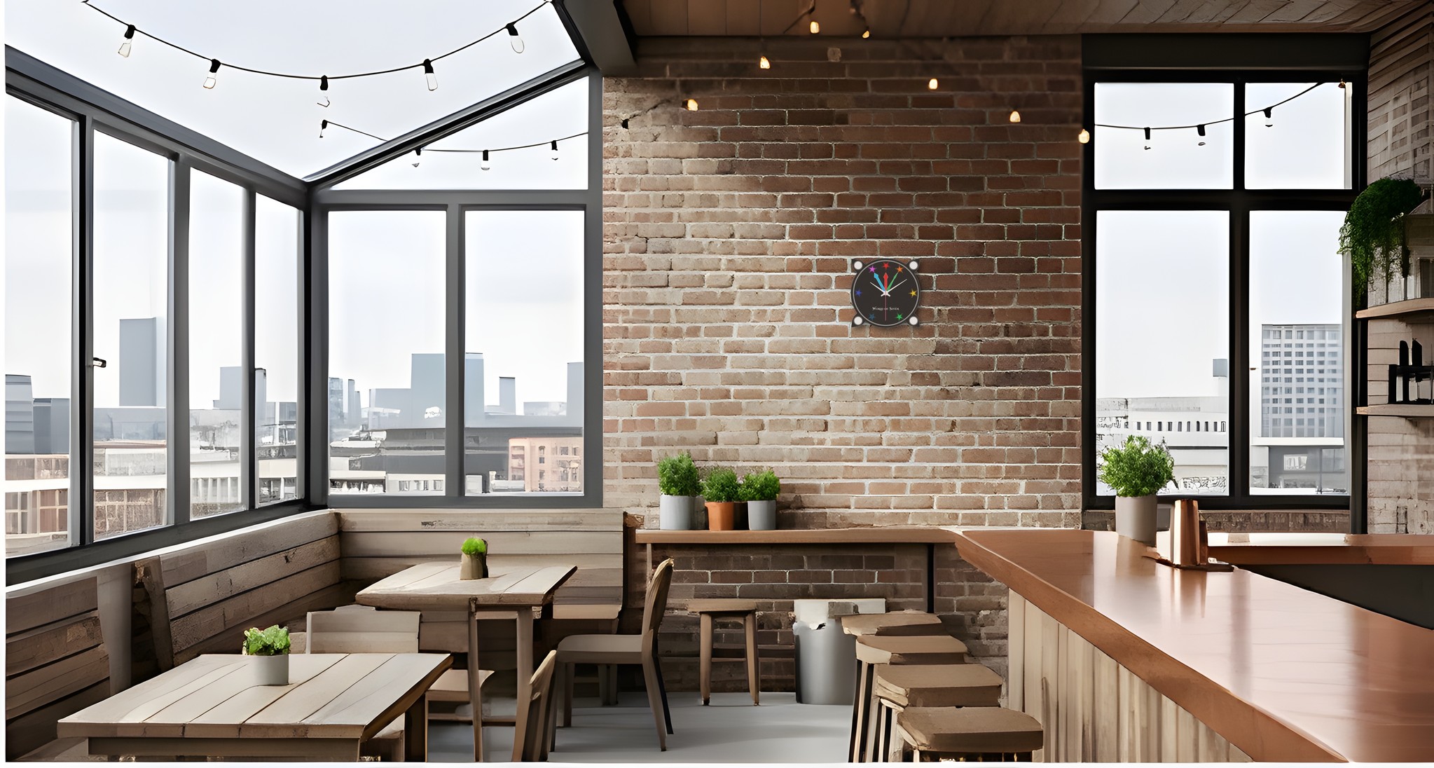 Die Wanduhr von World of Seven: café mit Backsteinwand über der Stadt