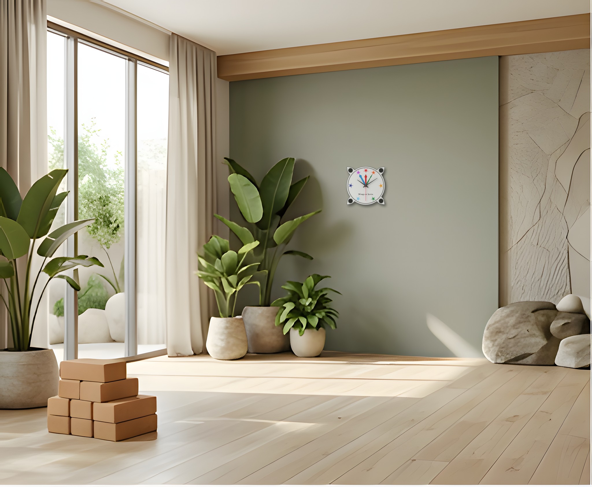 Die Wanduhr von World of Seven: wohnraum mit Pflanzen, grüne Wand