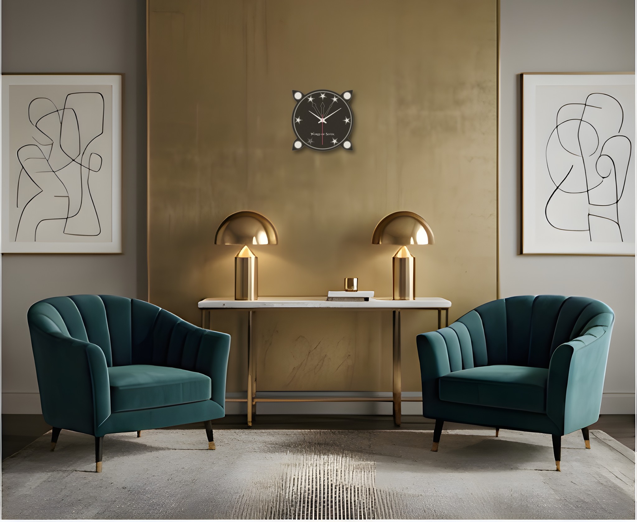 Die Wanduhr von World of Seven: sitzecke mit goldener Wand