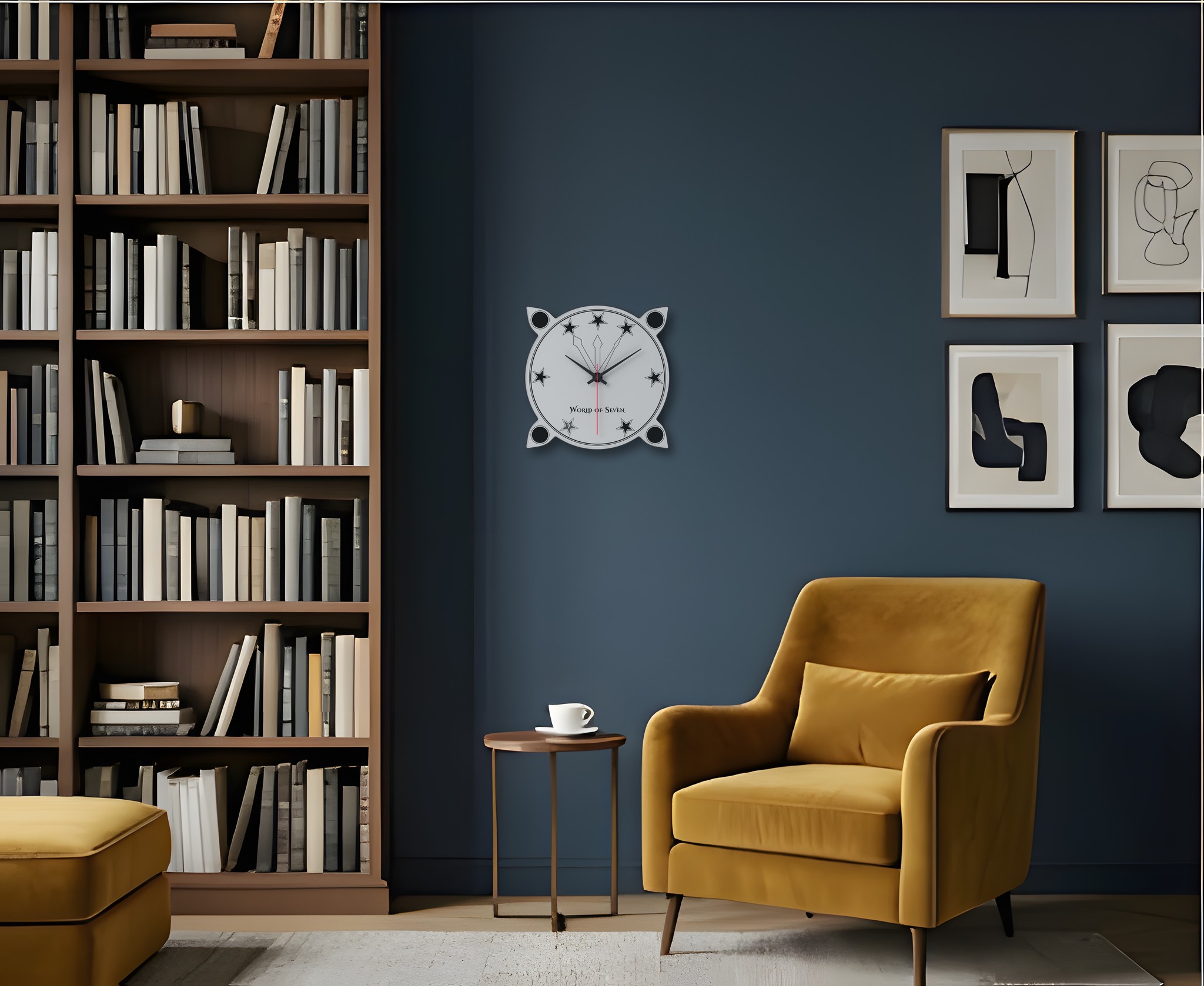 Die Wanduhr von World of Seven: lesesessel vor der Bücherwand